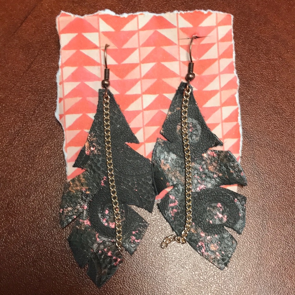 Handmade leather feather earrings